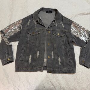 Fab’rik Distressed Denim Embellished w/Sequins Jean Jacket
